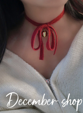 新品圣诞礼物红色毛绒蝴蝶结项链女锁骨链choker街拍配饰铃铛脖圈