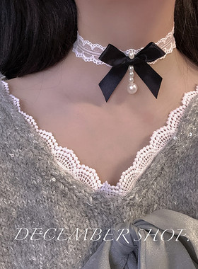 新款夏日白蕾丝蝴蝶结项链珍珠性感choker项圈颈链女锁骨链颈带