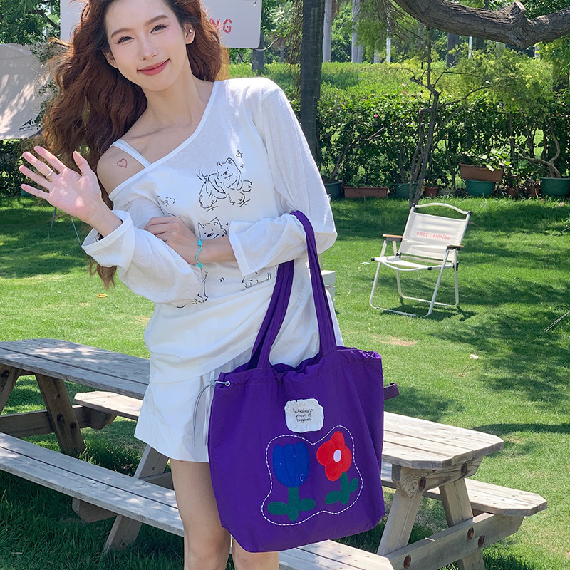 新款包包尼龙抽绳刺绣花花托特包时尚百搭慵懒感大容量包包女,淘宝优惠券,粉丝福利购,淘宝优惠卷