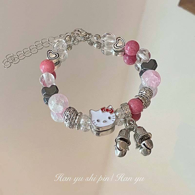 新款少女心粉色串珠KT猫手链时尚多巴胺猫咪铃铛手环可通卡通手串,淘宝优惠券,粉丝福利购,淘宝优惠卷