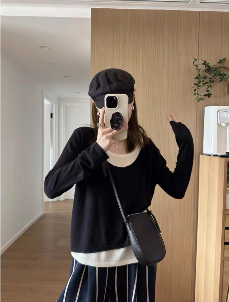 大碗plus定制大码女装微胖撞色假两件慵懒针织毛衣秋洋气显瘦上衣 - 图2