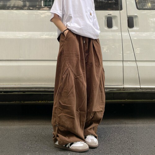 日系复古纯棉宽松褶皱垂感阔腿裤男女潮流休闲纯色松紧腰工装长裤 - 图0