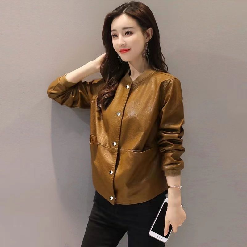 韩版宽松大码短外套不裂皮夹棉女士春秋冬季休闲洋气皮夹克女皮衣 - 图2