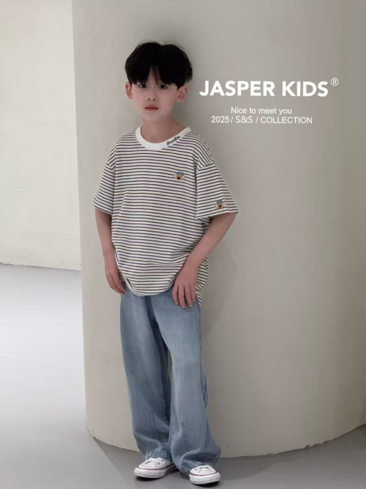 Jasper kids韩版2025夏款女童卡通刺绣短袖T恤中大童百搭条纹打底 - 图3
