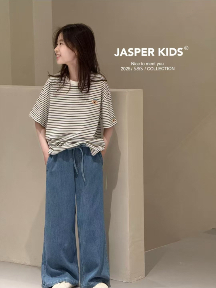 Jasper kids韩版2025夏款女童卡通刺绣短袖T恤中大童百搭条纹打底 - 图2