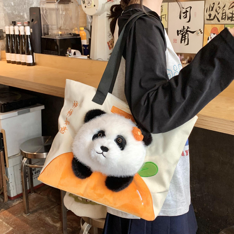 毛绒玩偶大熊猫包包2025新款帆布包单肩包大容量托特包通勤斜挎包 - 图1
