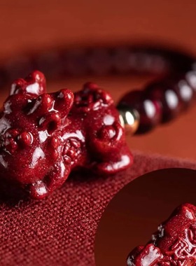 保真天然朱砂招财貔貅手链本命年石榴石转运珠旺夫女手绳复古风