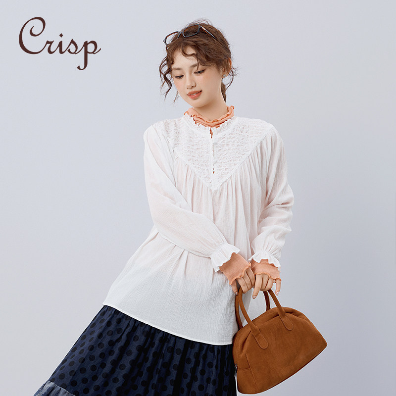 CRISP日系穿搭森女压褶轻薄木耳领衬衫女喇叭袖小衫2025春季新款,淘宝优惠券,粉丝福利购,淘宝优惠卷