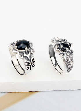 S925复古黑玛瑙霸气食指戒情侣