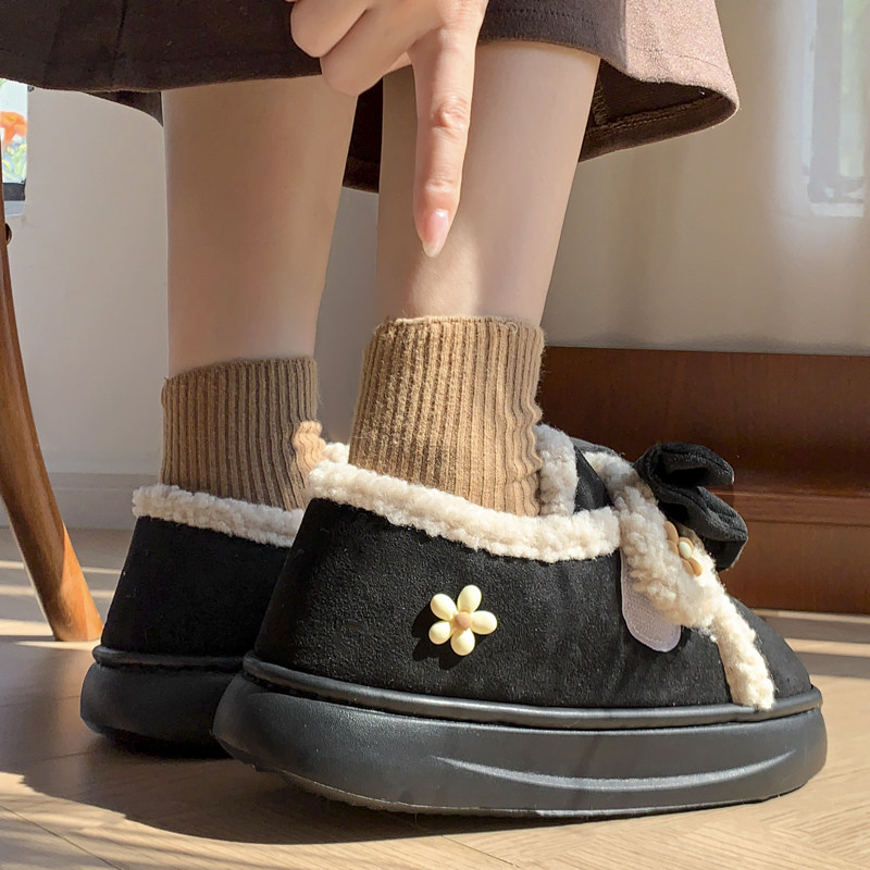 蝴蝶结可爱棉拖鞋女新款冬季居家办公一脚蹬保暖魔术贴全包跟棉鞋,淘宝优惠券,粉丝福利购,淘宝优惠卷