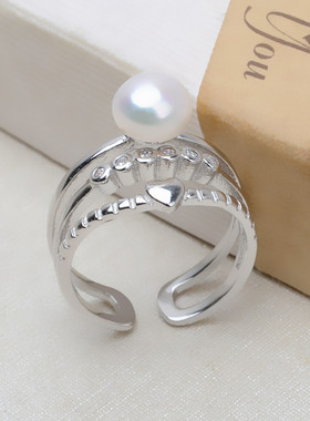 纯银珍珠活口戒指爱心形多层镶钻