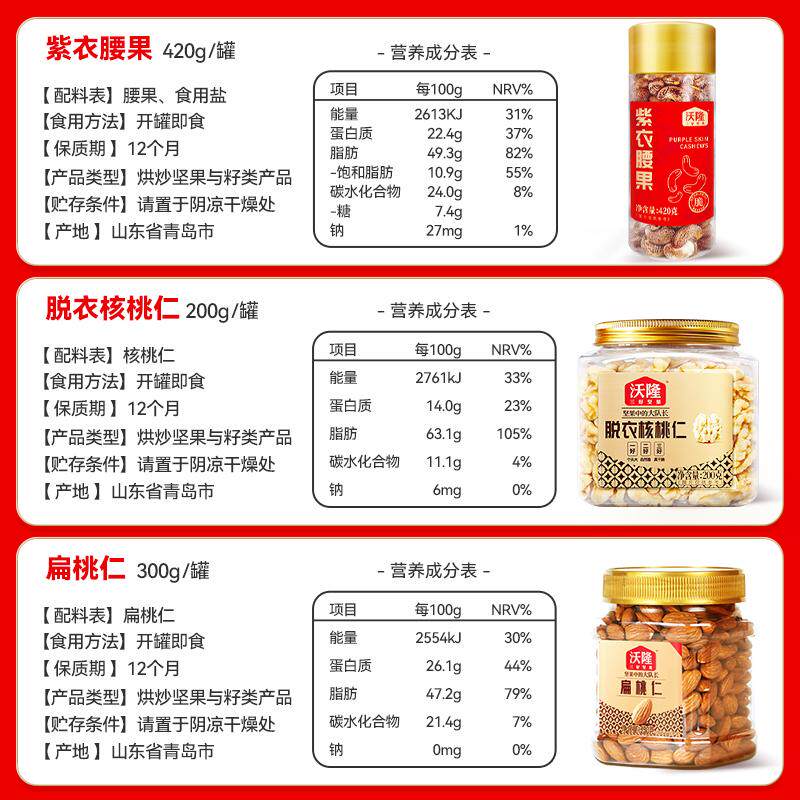 沃隆罐装坚果组合紫衣腰果扁桃仁脱衣核桃仁营养健康坚果炒货零食 沃隆罐装坚果组合紫衣腰果扁桃仁脱衣核桃仁营养健康坚果炒货零食