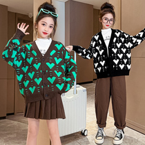 Girl knit cardiovertshirt 2023 fall new foreign air kinder sweater jacket child knit blouse 10 years 12