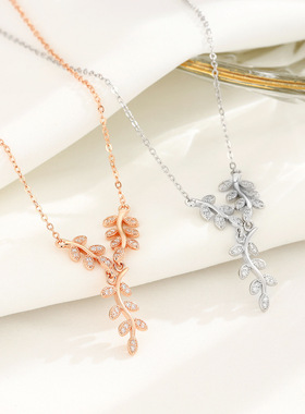 s925纯银镶钻橄榄枝项链气质小众