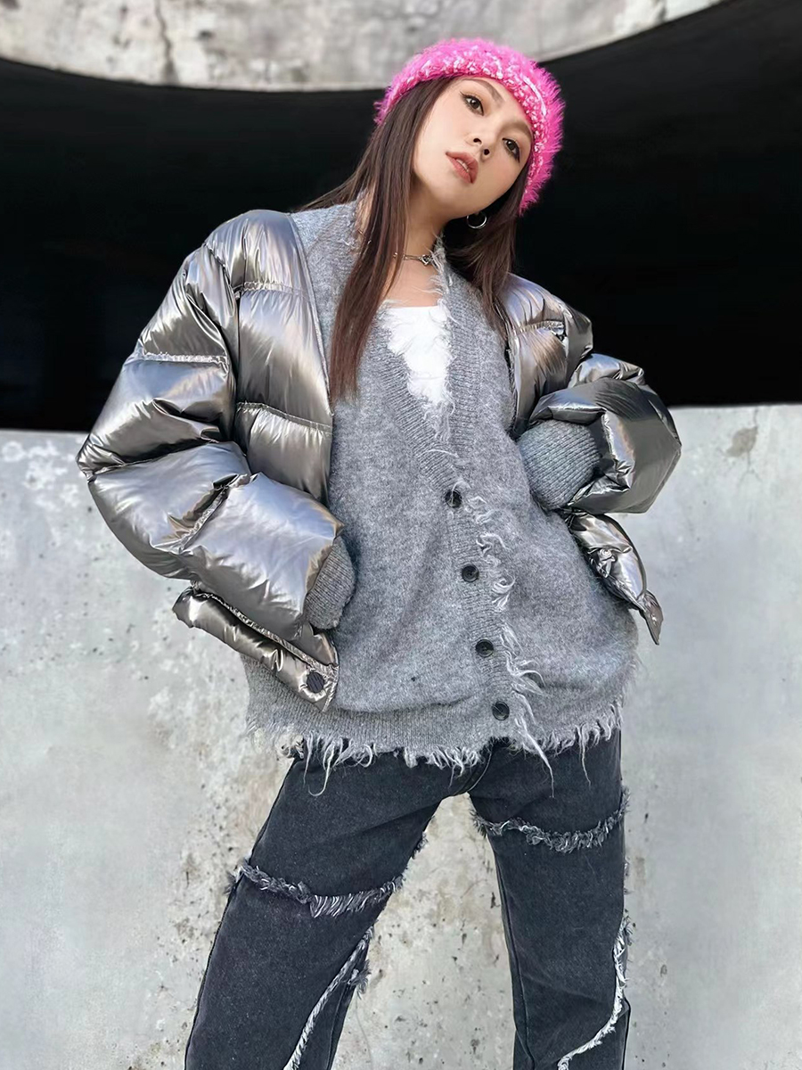 官方授权JacFLeurant拼接破坏针织冬季加厚假两件羽绒服外套女装-图0