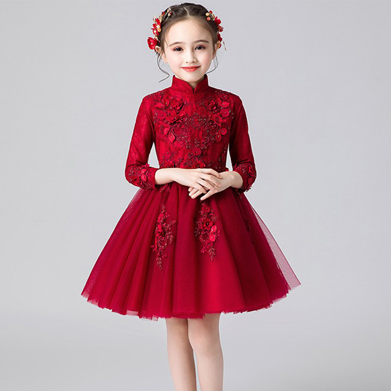女童礼服公主裙花童婚纱洋气儿童红色生日气质主持演出服长袖秋季,淘宝优惠券,粉丝福利购,淘宝优惠卷