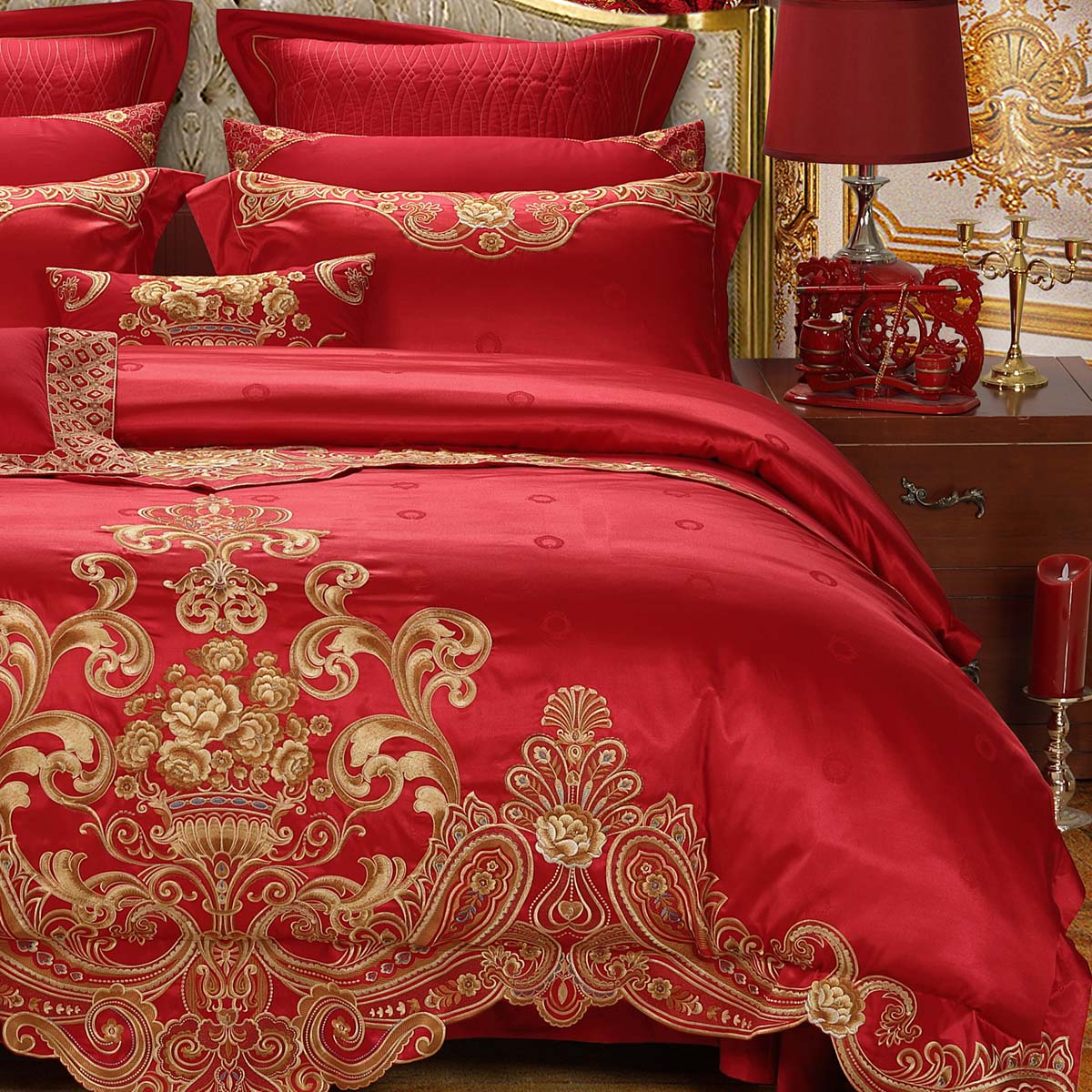 水星家纺结婚四件套婚庆大提花绣花十件套床上用品婚礼红色欧式