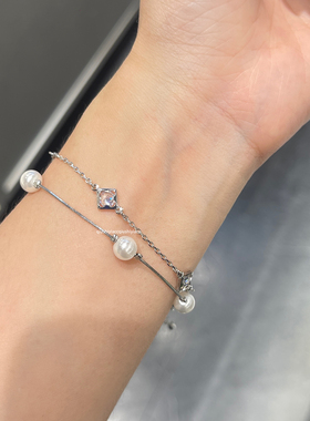 秋十一Acc 精致mini四叶花珠珠双层叠戴手链