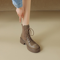 Giant Comfort ~ Corso Venezia Genuine Leather Round Head Thick Bottom Rear Zipper Slim Slim Boot Female Wind Crude Heel Martin Boots