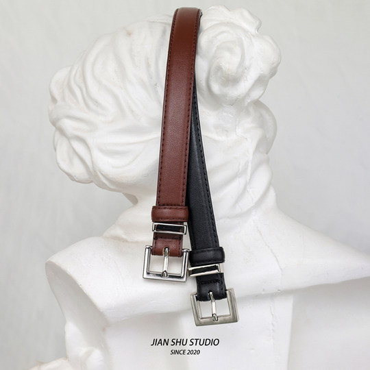 简束极简风简约新款银扣牛皮皮带女软真皮皮带牛仔裤黑色细腰带女