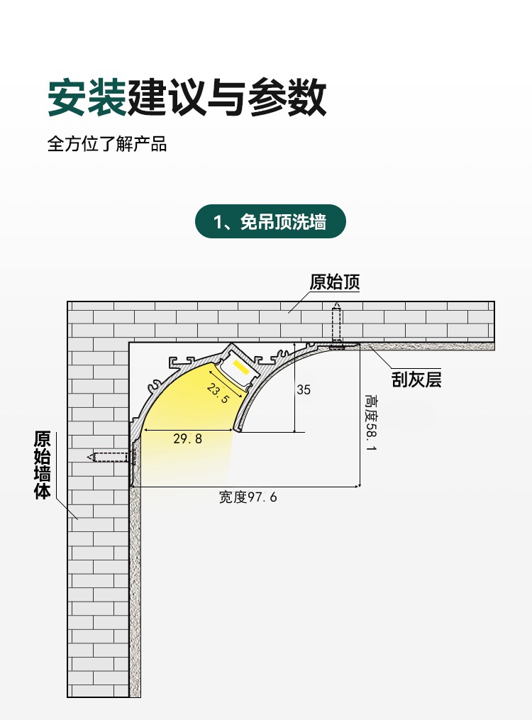 明装免吊顶洗墙灯石膏线悬浮回光槽免开槽反光灯槽顶角阴角线性灯-图2