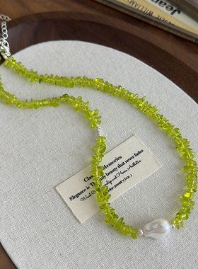 森系橄榄绿色石珍珠项链女清新甜美锁骨链时尚气质百搭颈链度假风