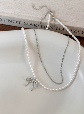 小米珠珍珠项链颈链叠戴银色蝴蝶结锁骨链女2024新款爆款轻奢小众