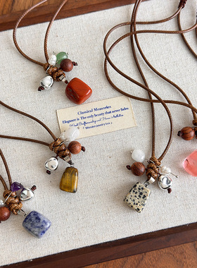 复古民族风简约几何石头吊坠项链木珠线绳抽拉式编织长款毛衣链