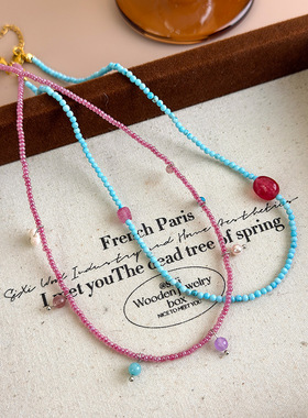 复古新中式撞色串珠项链简约叠戴短款锁骨链颈链文艺小众设计配饰