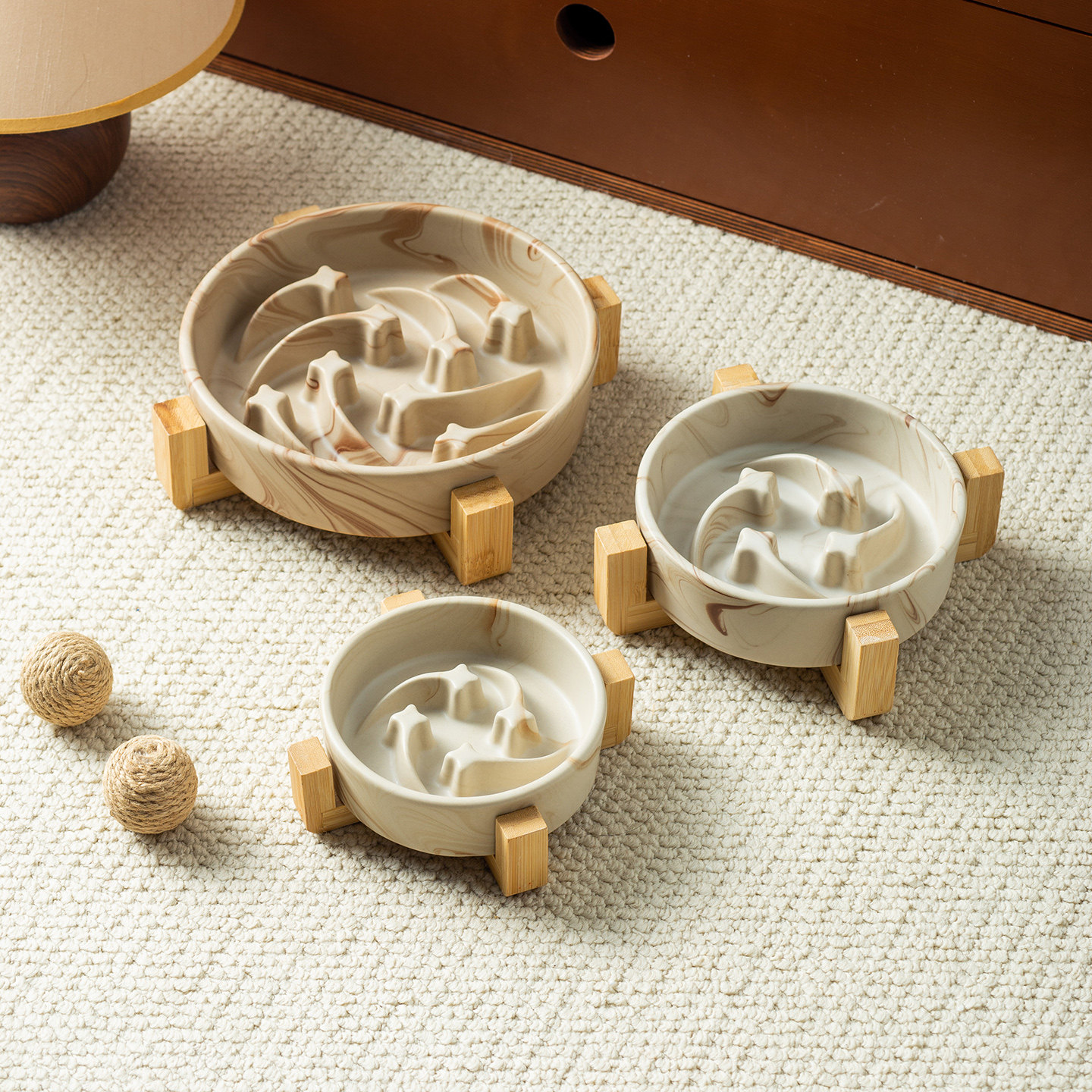 Miapet大理石纹流星慢食碗带竹架防打翻陶瓷宠物碗猫狗碗防噎缓食,淘宝优惠券,粉丝福利购,淘宝优惠卷