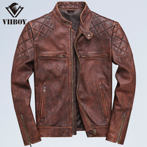 Fashion Sand Wash Retro Genuine Leather Clothing Male made old Harley locomotive leather jacket upright collar Short-head Bull Leather Jacket
