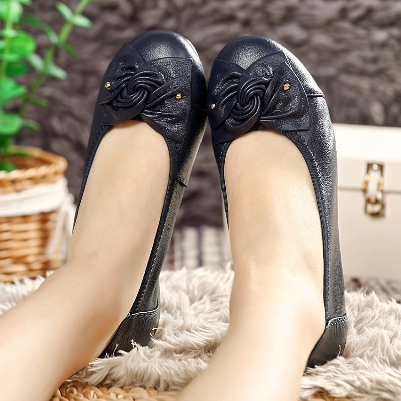 休闲真皮平底浅口单鞋女蝴蝶结软底舒适妈妈鞋圆头不挤脚女豆豆鞋,淘宝优惠券,粉丝福利购,淘宝优惠卷