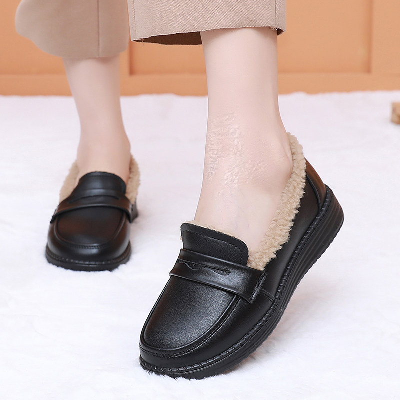 真皮加绒乐福鞋女鞋平底防滑中老年鞋冬季一脚蹬小皮鞋工作女棉鞋,淘宝优惠券,粉丝福利购,淘宝优惠卷