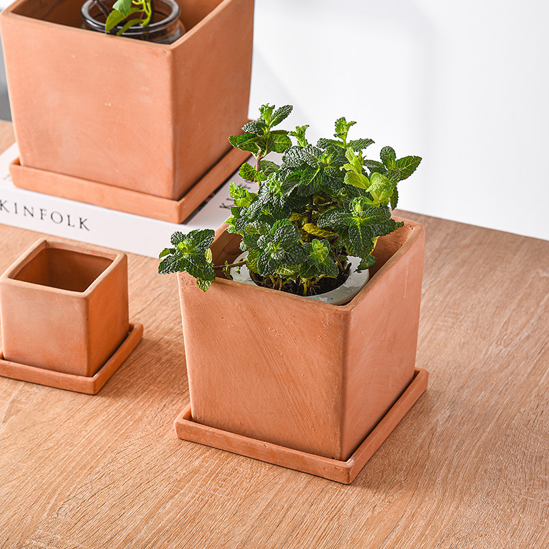 简约红陶正方陶盆素烧陶土胚带托盘吸水粗陶多肉绿植君子兰花大号,淘宝优惠券,粉丝福利购,淘宝优惠卷