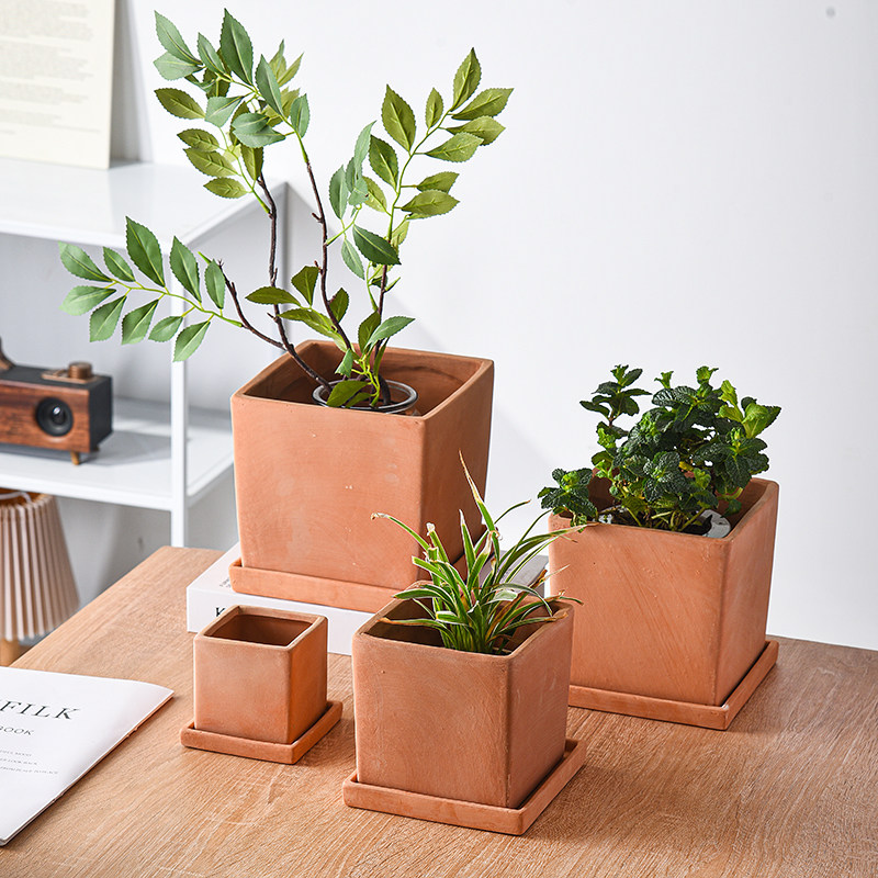 简约红陶正方陶盆素烧陶土胚带托盘吸水粗陶多肉绿植君子兰花大号,淘宝优惠券,粉丝福利购,淘宝优惠卷