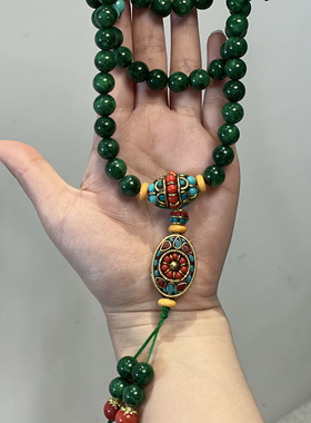 大自然石干青项链原创毛衣链帝王绿新中式国风斜挎链长款双层颈链