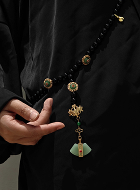 长款国风斜挎链黑色新中式背背长链项链气质卡十珠黑玛瑙