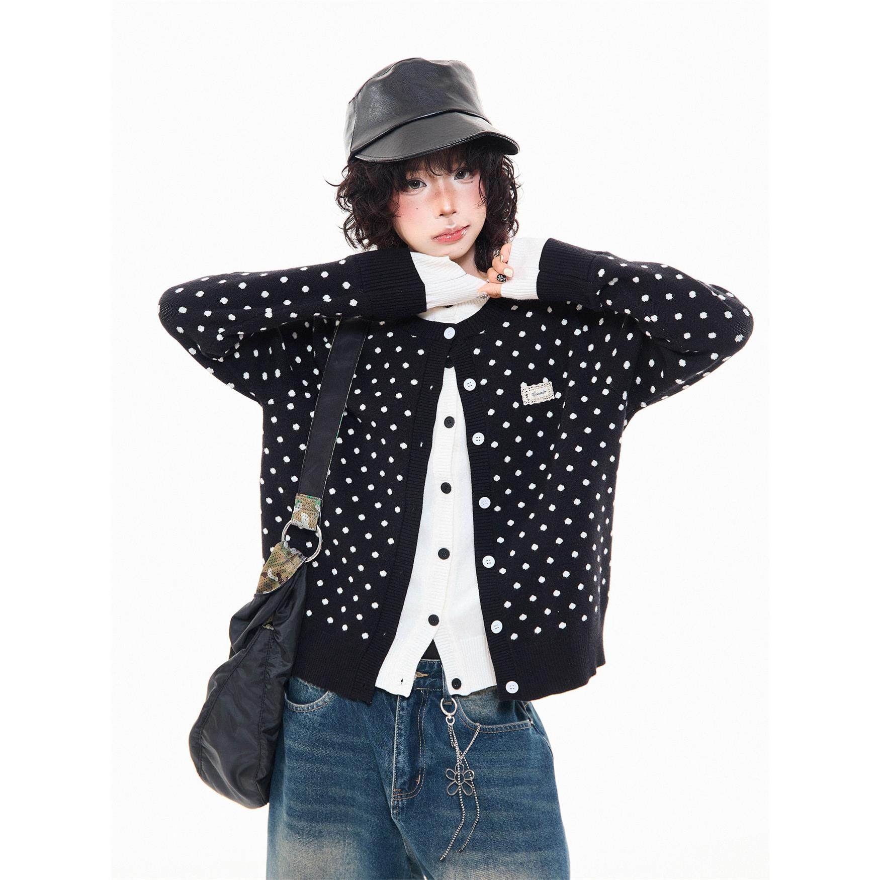 MIKYO 美式覆古波点撞色假两件针织毛衣女秋季休闲慵懒感开衫上衣,淘宝优惠券,粉丝福利购,淘宝优惠卷