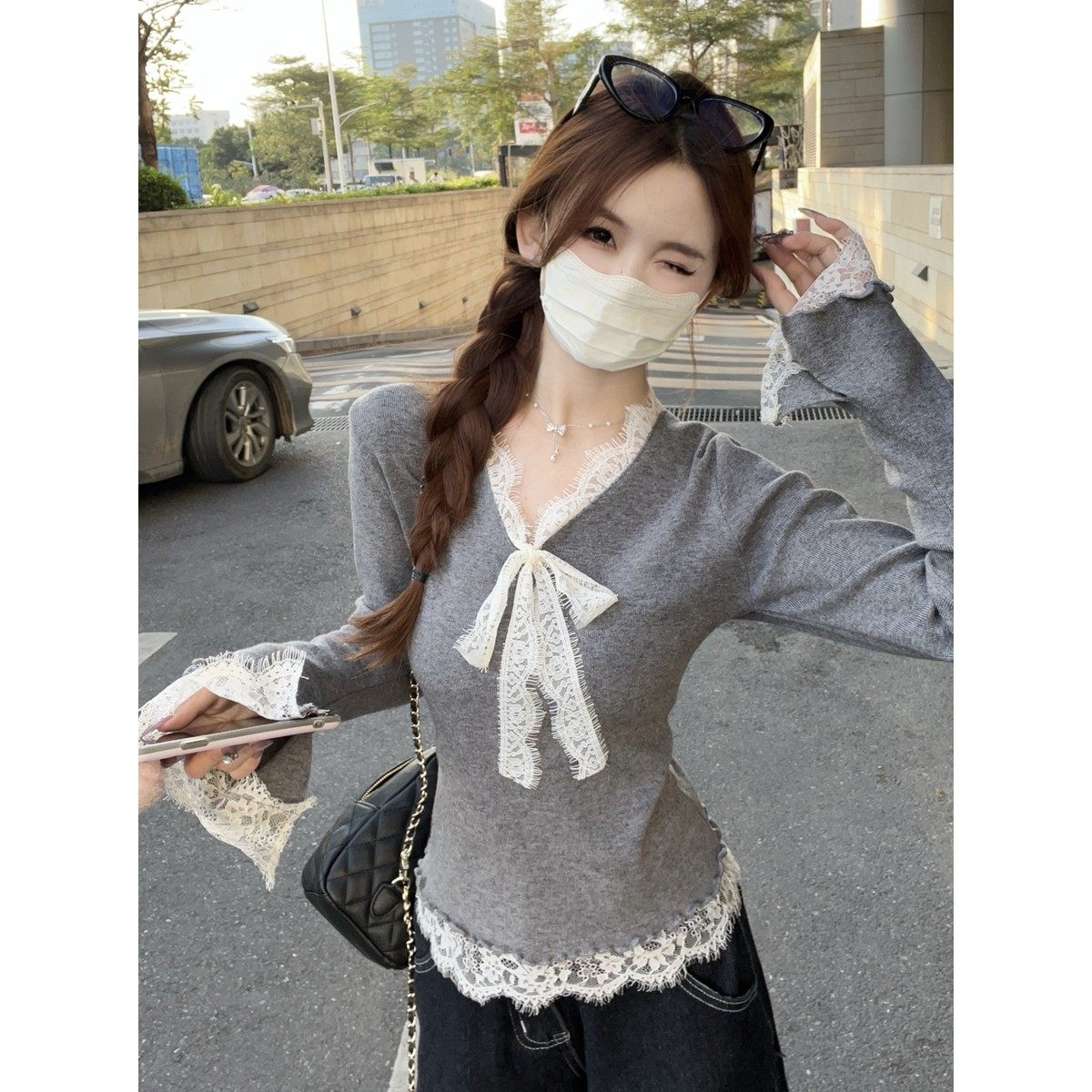 法式V领蕾丝修身打底衫女春季洋派喇叭袖毛衣内搭修身针织衫上衣,淘宝优惠券,粉丝福利购,淘宝优惠卷