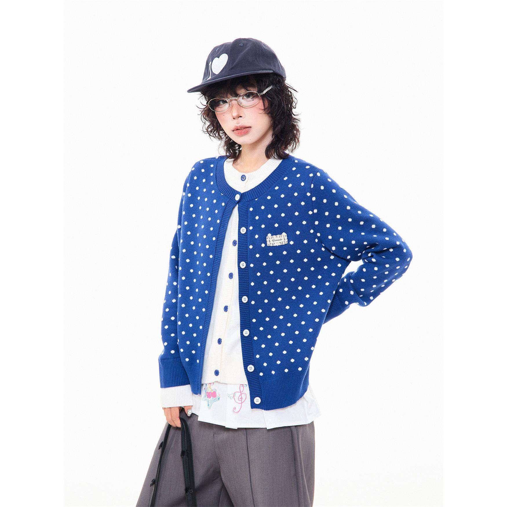 MIKYO 美式覆古波点撞色假两件针织毛衣女秋季休闲慵懒感开衫上衣,淘宝优惠券,粉丝福利购,淘宝优惠卷