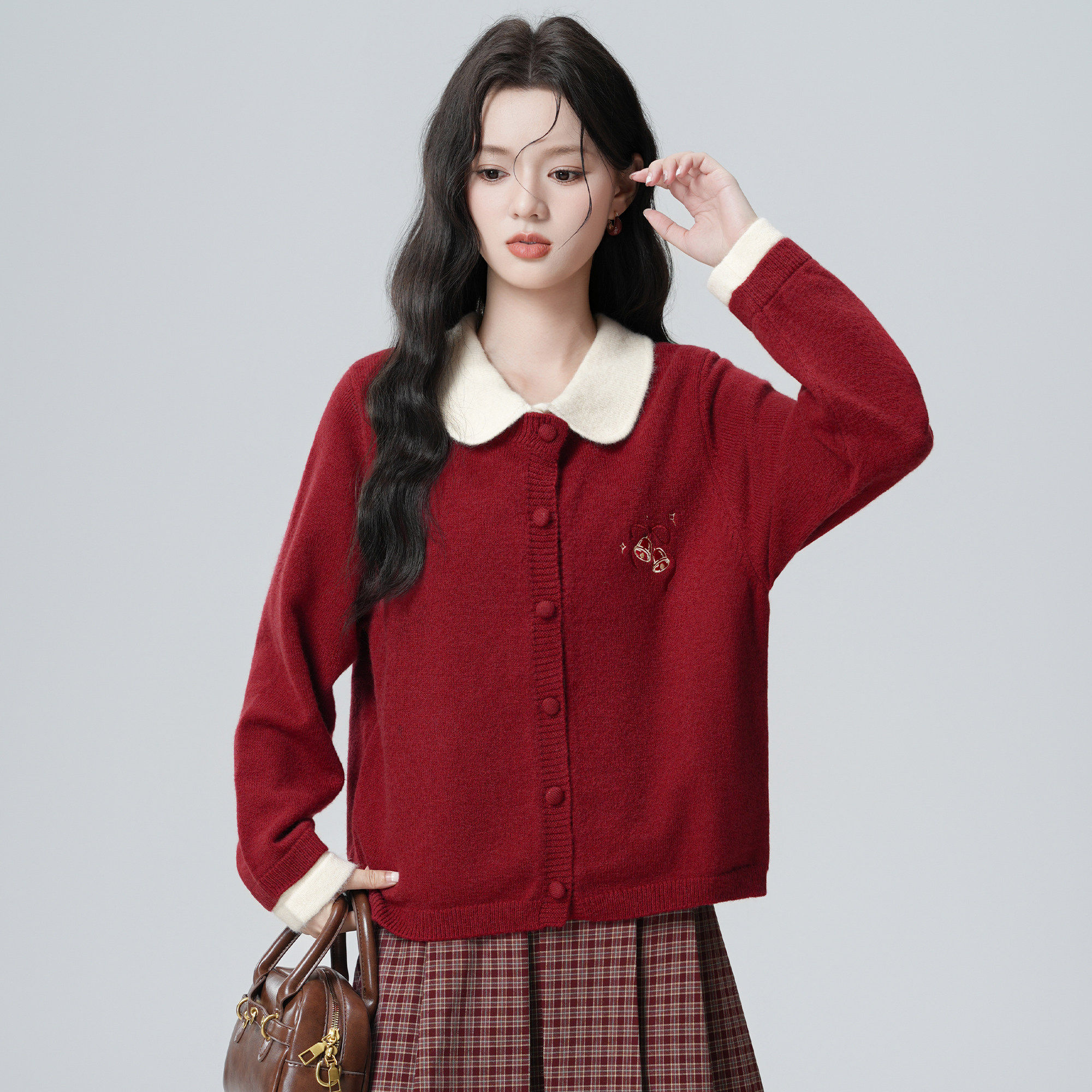 新年红色假两件翻领毛衣外套女2025秋冬新款蝴蝶结针织开衫短上衣,淘宝优惠券,粉丝福利购,淘宝优惠卷