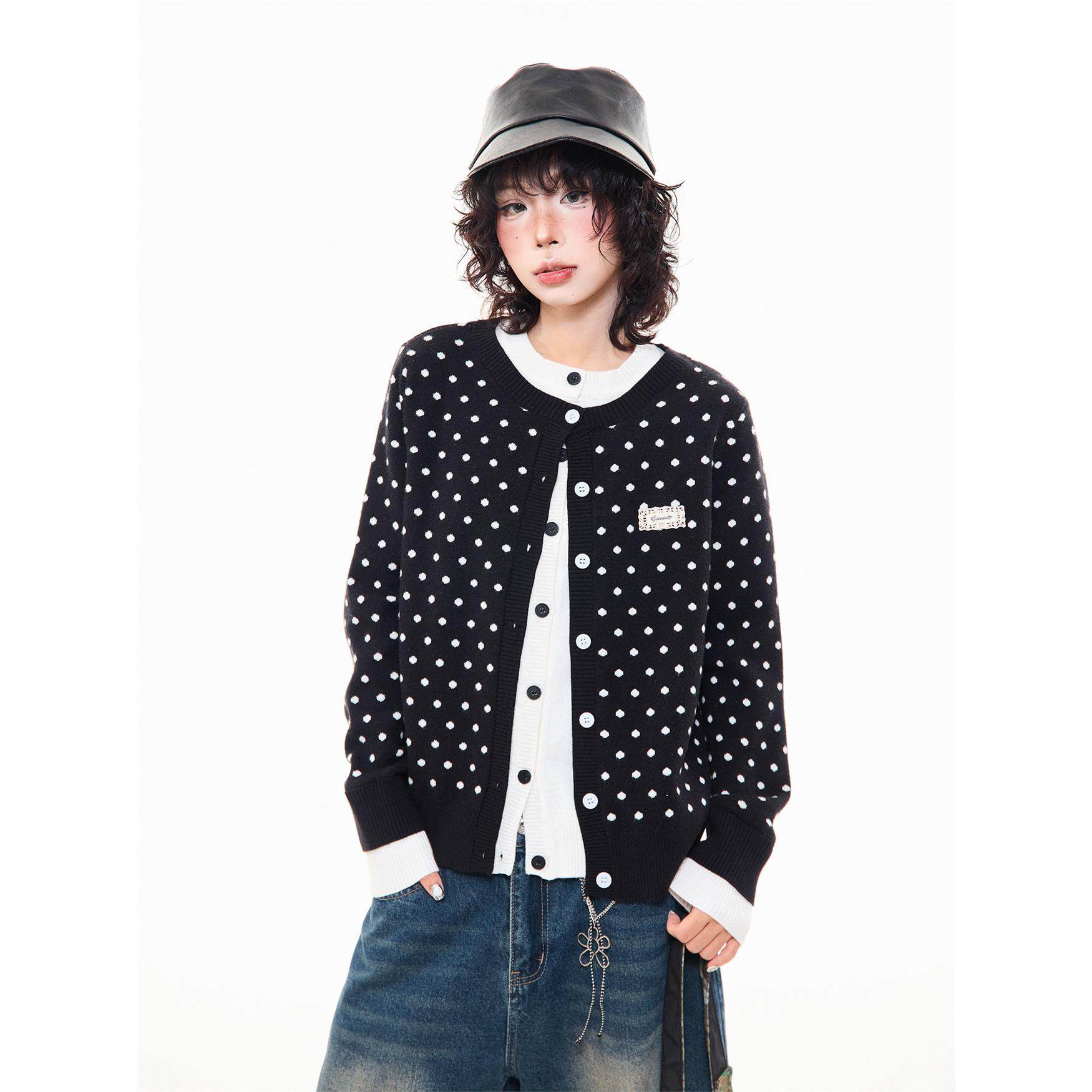 MIKYO 美式覆古波点撞色假两件针织毛衣女秋季休闲慵懒感开衫上衣,淘宝优惠券,粉丝福利购,淘宝优惠卷