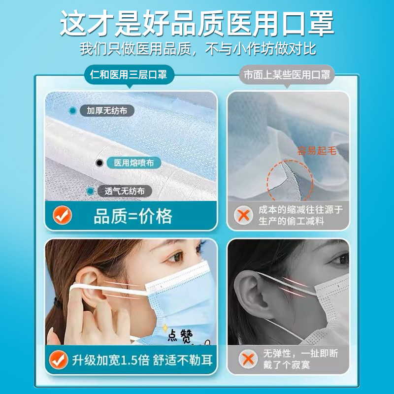 仁和医疗口罩一次性医用外科三层正品正规医用官方旗舰店独立包装