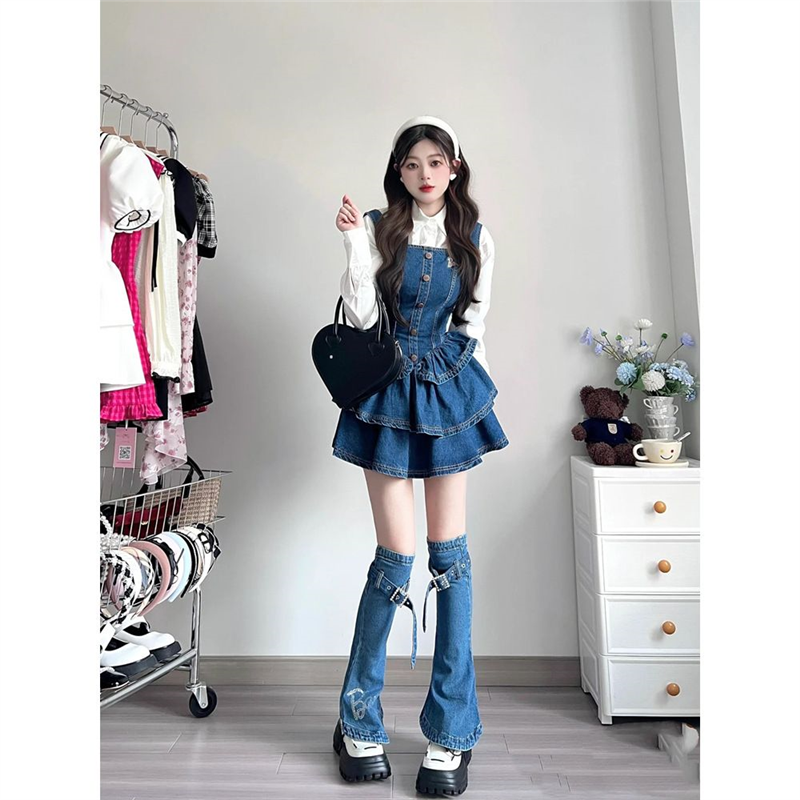 新款甜美满烫钻衬衫复古蓝牛仔连身裙吊带收腰蓬蓬连衣裙两件套,淘宝优惠券,粉丝福利购,淘宝优惠卷