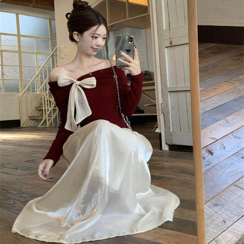 千金风时尚套装一字肩蝴蝶结不规则长袖针织衫高腰遮肉网纱半身裙,淘宝优惠券,粉丝福利购,淘宝优惠卷