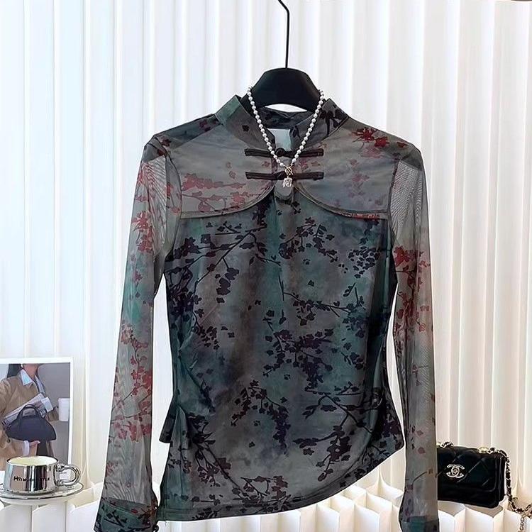 新中式复古风盘扣印花立领长袖衬衫女春季新款不规则修身显瘦上衣 - 图2