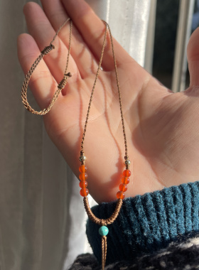 「藏拉色波」古法金色黄财神吊坠编绳项链轻奢藏式南红玛瑙锁骨链