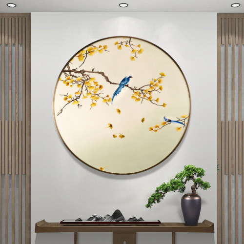 限量精品苏绣喜上枝头圆形玄关挂画银杏成品画书房餐厅刺绣装饰画 - 图2