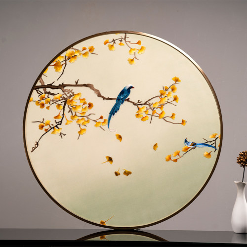 限量精品苏绣喜上枝头圆形玄关挂画银杏成品画书房餐厅刺绣装饰画 - 图0