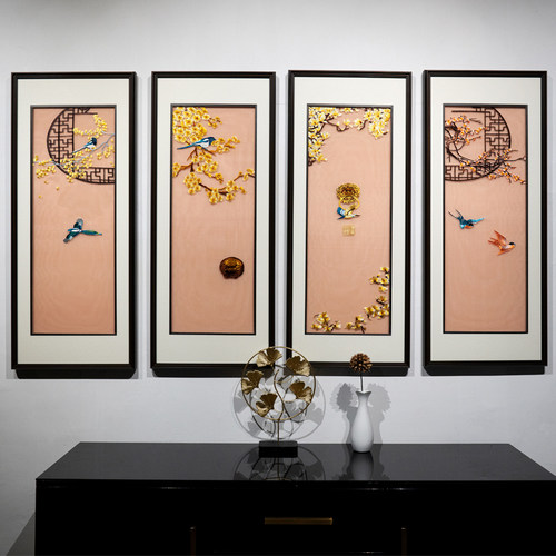 新中式四联花鸟苏绣玄关挂画繁花似锦沙发背景墙刺绣装饰画实木框 - 图0